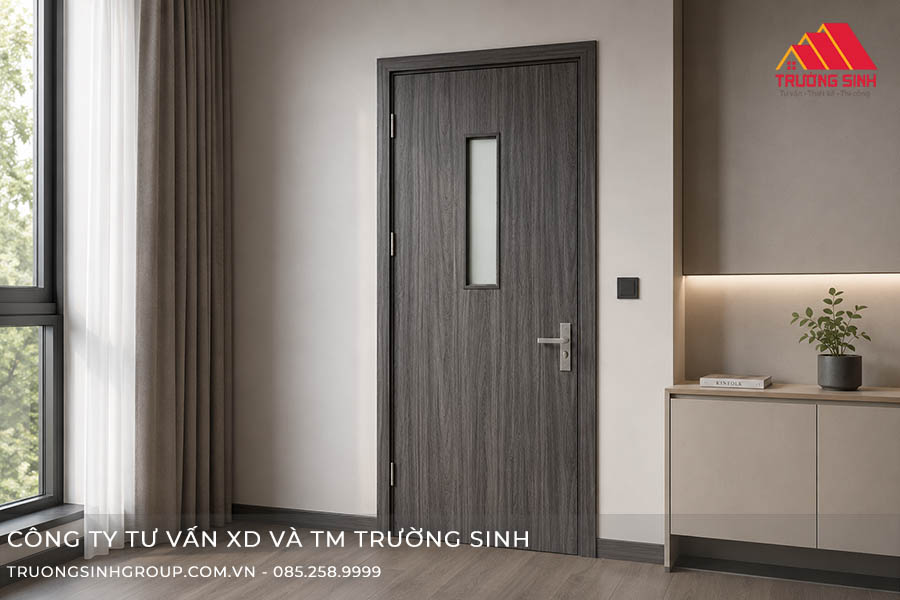 Cửa nhựa Composite màu xám có ô kính